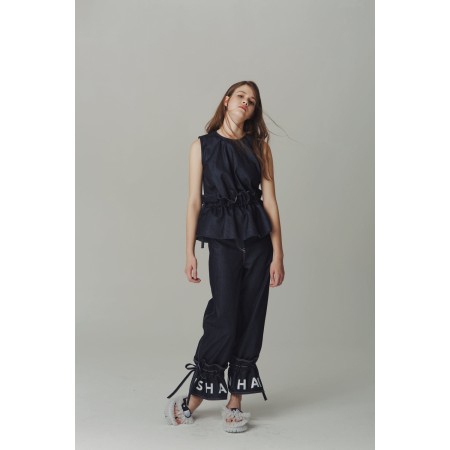 DENIM SLEEVELESS TOP WITH PLEATED WAIST la colonne vertébrale