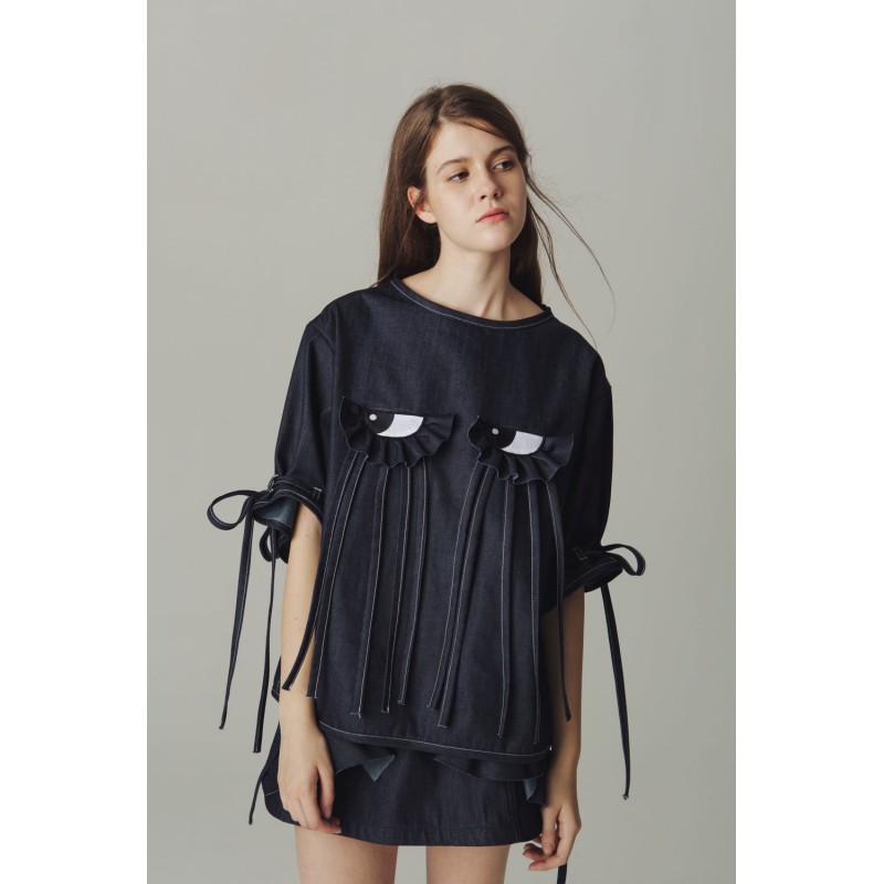 FUNNY EXPRESSION PLEATED DENIM TOP WITH SHORT SLEEVE AND FLOUNCE soldes