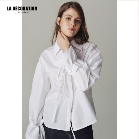 WHITE COTTON SHIRT WITH DRAWSTRING CUFFS outlet