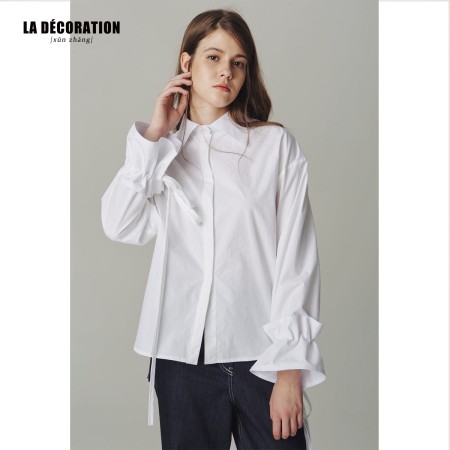 WHITE COTTON SHIRT WITH DRAWSTRING CUFFS outlet