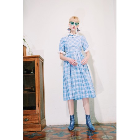 LIGHT BLUE TARTAN DRESS WITH HALF-SLEEVE prix