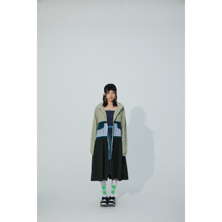 TRI-COLOR PATCHWORK HOODED OUTDOOR LONG TRENCH COAT france