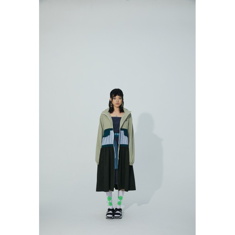 TRI-COLOR PATCHWORK HOODED OUTDOOR LONG TRENCH COAT france