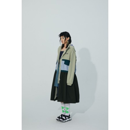 TRI-COLOR PATCHWORK HOODED OUTDOOR LONG TRENCH COAT france