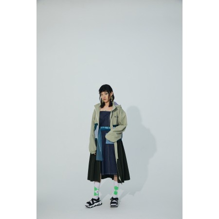 TRI-COLOR PATCHWORK HOODED OUTDOOR LONG TRENCH COAT france