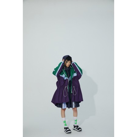 TRI-COLOR PATCHWORK HOODED OUTDOOR LONG TRENCH COAT les ligaments