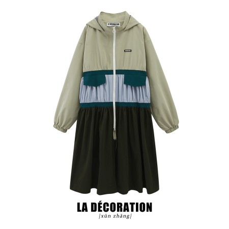 TRI-COLOR PATCHWORK HOODED OUTDOOR LONG TRENCH COAT france