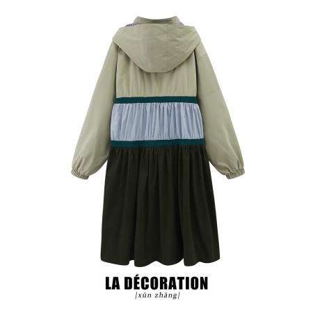 TRI-COLOR PATCHWORK HOODED OUTDOOR LONG TRENCH COAT france