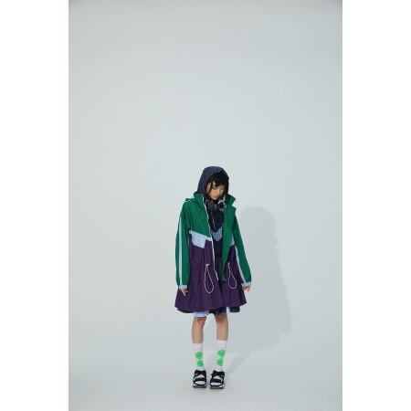 TRI-COLOR PATCHWORK HOODED OUTDOOR LONG TRENCH COAT les ligaments