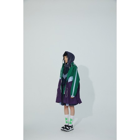 TRI-COLOR PATCHWORK HOODED OUTDOOR LONG TRENCH COAT les ligaments