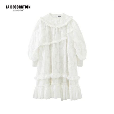 MULTI-LAYERED RUFFLE-TRIMMED BUBBLE-SLEEVED DRESS de pas cher