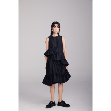 BLACK SLEEVELESS DRESS WITH RUFFLES de pas cher