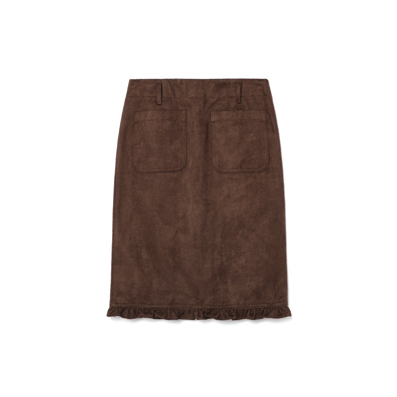 RUFFLE SUEDE SLIT MIDI SKIRT_BROWN Profitez des Offres !