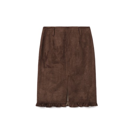 RUFFLE SUEDE SLIT MIDI SKIRT_BROWN Profitez des Offres !