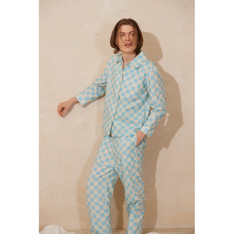 COTTON AQUA BLUE SQUARE PAJAMA SET Dans la société mordern