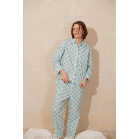 COTTON AQUA BLUE SQUARE PAJAMA SET Dans la société mordern