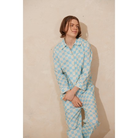 COTTON AQUA BLUE SQUARE PAJAMA SET Dans la société mordern