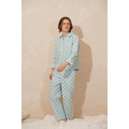 COTTON AQUA BLUE SQUARE PAJAMA SET Dans la société mordern