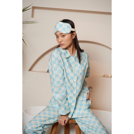 COTTON AQUA BLUE SQUARE PAJAMA SET Dans la société mordern