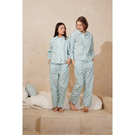 COTTON AQUA BLUE SQUARE PAJAMA SET Dans la société mordern