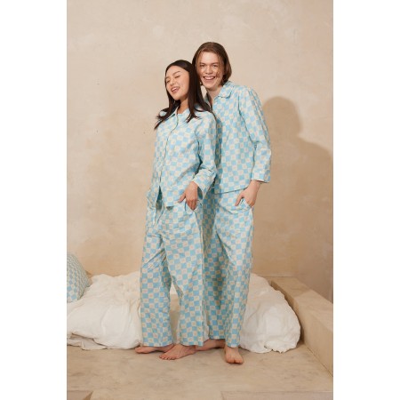 COTTON AQUA BLUE SQUARE PAJAMA SET Dans la société mordern