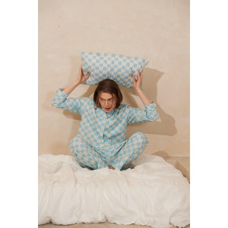 COTTON AQUA BLUE SQUARE PAJAMA SET Dans la société mordern