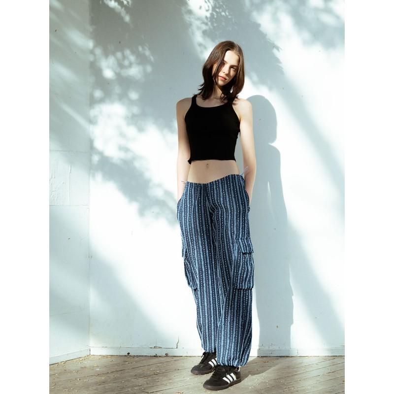 LACE DENIM PARACHUTE PANTS_BLUE destockage