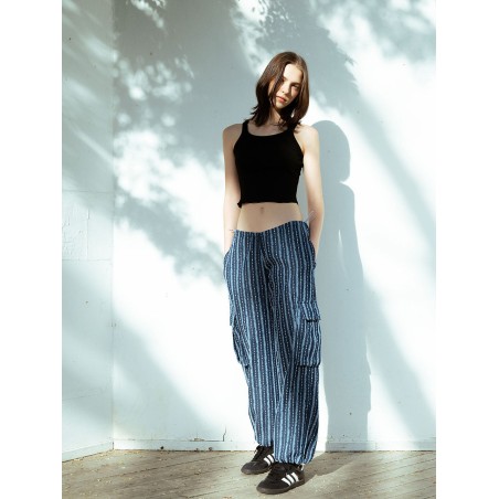 LACE DENIM PARACHUTE PANTS_BLUE destockage