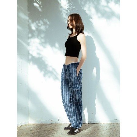 LACE DENIM PARACHUTE PANTS_BLUE destockage