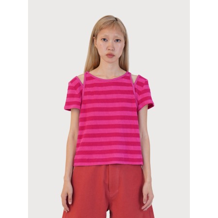 STRIPE TERRY SLIT TOP_PINK destockage