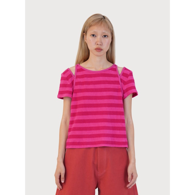 STRIPE TERRY SLIT TOP_PINK destockage