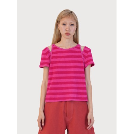 STRIPE TERRY SLIT TOP_PINK destockage