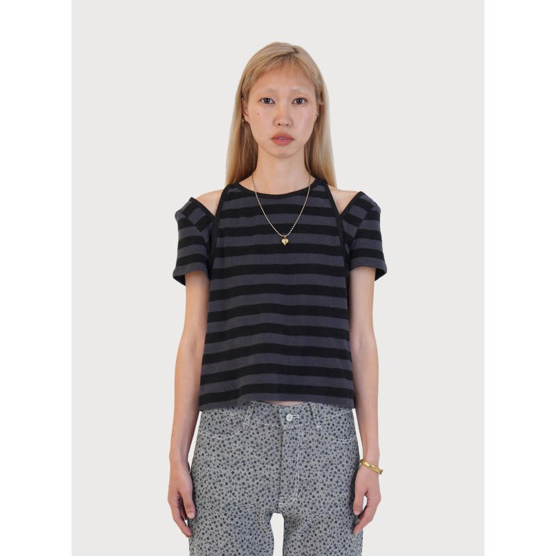 STRIPE TERRY SLIT TOP_BLACK la livraison gratuite