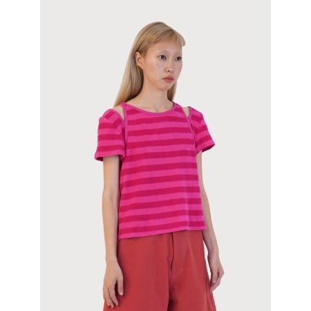 STRIPE TERRY SLIT TOP_PINK destockage