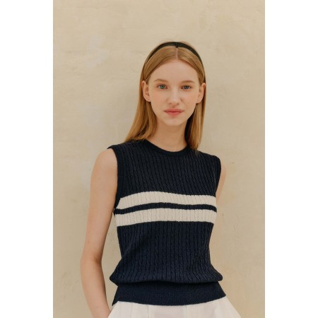 CABLE SLEEVELESS KNIT_NAVY basket pas cher