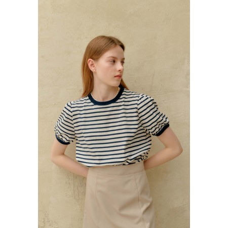 STRIPE SHIRRING T-SHIRT_IVORY Pour