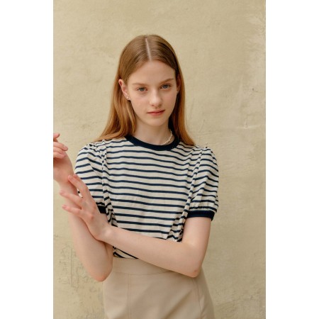 STRIPE SHIRRING T-SHIRT_IVORY Pour