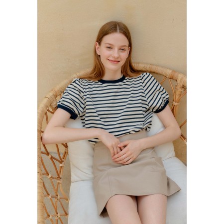 STRIPE SHIRRING T-SHIRT_IVORY Pour