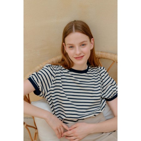 STRIPE SHIRRING T-SHIRT_IVORY Pour