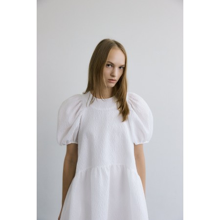 JACQUARD PUFF BLOOM DRESS _WHITE français