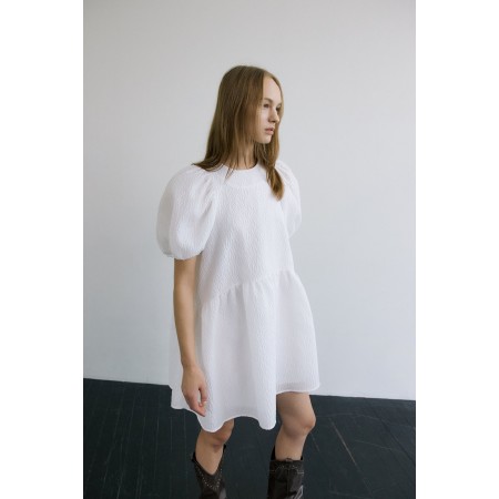 JACQUARD PUFF BLOOM DRESS _WHITE français