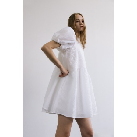 JACQUARD PUFF BLOOM DRESS _WHITE français