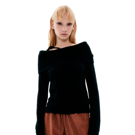 Wool off-shoulder Top_Black ouvre sa boutique