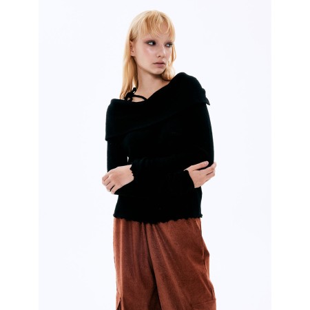 Wool off-shoulder Top_Black ouvre sa boutique