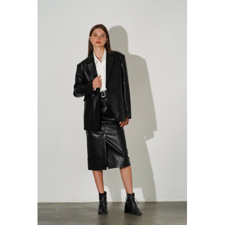 CLASSIC ONE BUTTON OVERSIZE FAUX LEATHER JACKET_BLACK s'inspire de l'anatomie humaine