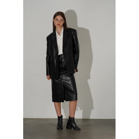 CLASSIC ONE BUTTON OVERSIZE FAUX LEATHER JACKET_BLACK s'inspire de l'anatomie humaine