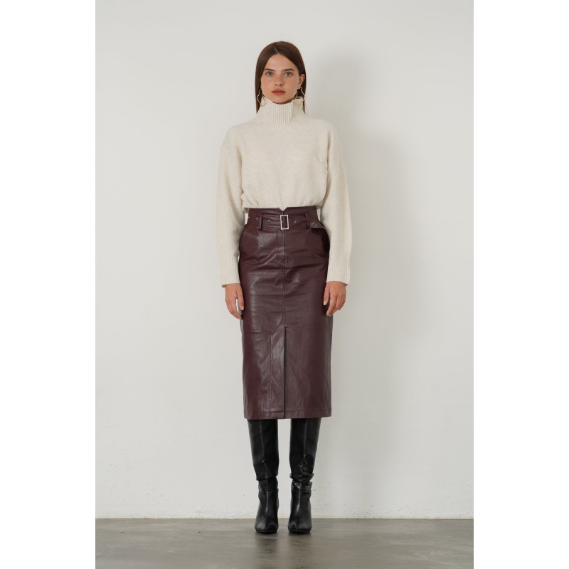 FAUX LEATHER HIGH WAIST SKIRT_RED BROWN Fin de série