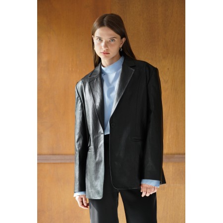 CLASSIC ONE BUTTON OVERSIZE FAUX LEATHER JACKET_BLACK s'inspire de l'anatomie humaine