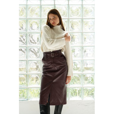 FAUX LEATHER HIGH WAIST SKIRT_RED BROWN Fin de série