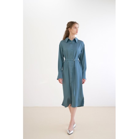 TWO-BUTTON SILKY LONG SHIRT DRESS_BLUE du meilleur 